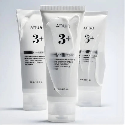 Three white 3 ceramide panthenol moisture barrier cream tubes with black text and ribbed caps for authentic k-beauty skincare