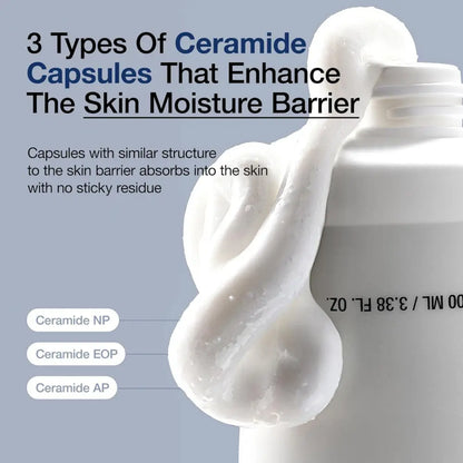 A white creamy 3 ceramide panthenol moisture barrier cream dispensed from a minimalist bottle for authentic k beauty and korean skincare south africa