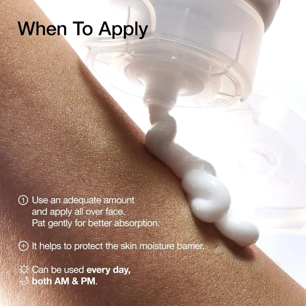 A white creamy 3 ceramide panthenol moisture barrier cream being dispensed onto sun-kissed skin for authentic k-beauty moisture barrier care in korean skincare south africa
