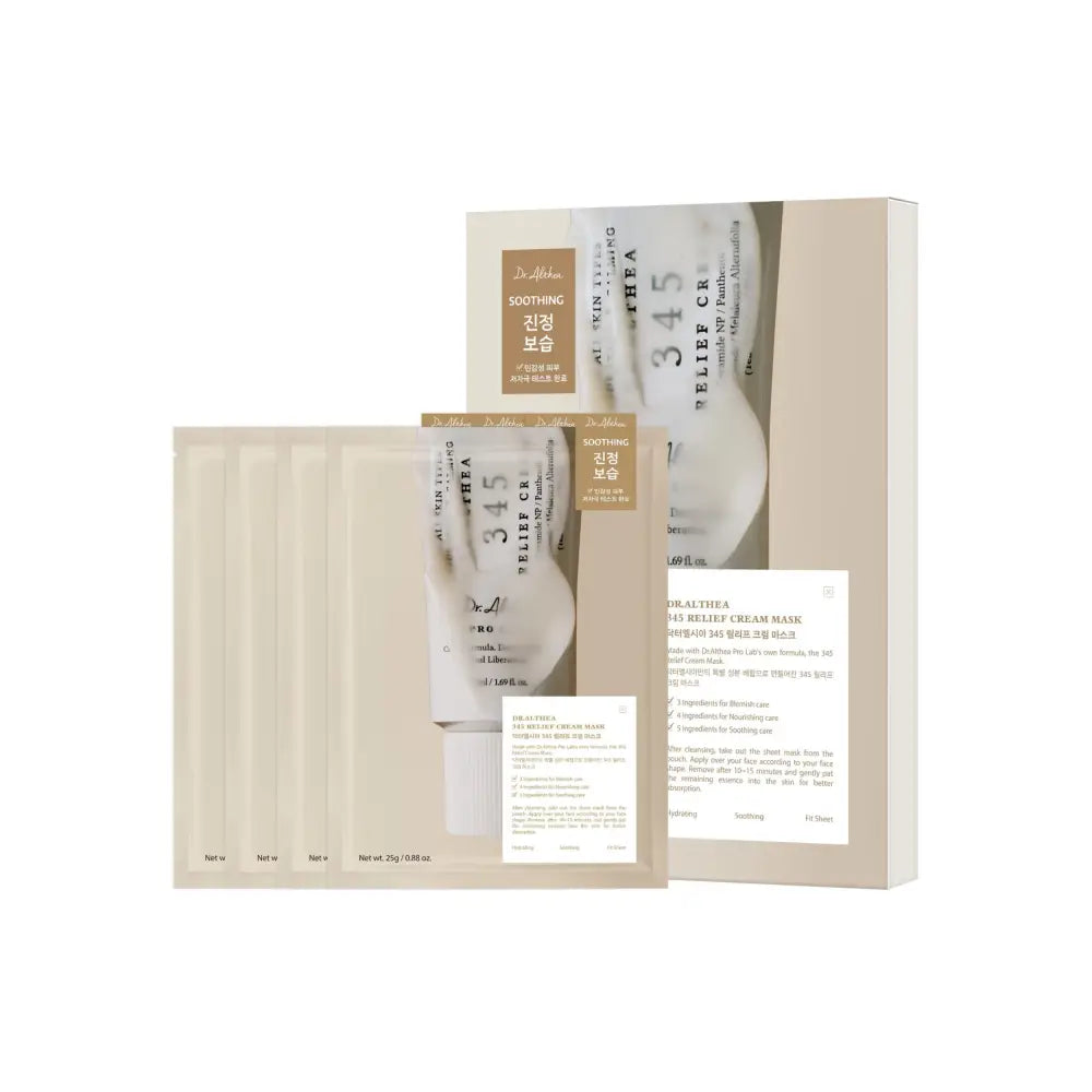 Beige rectangular box containing dr 345 relief cream mask set for soothing skin with effective relief cream mask formula