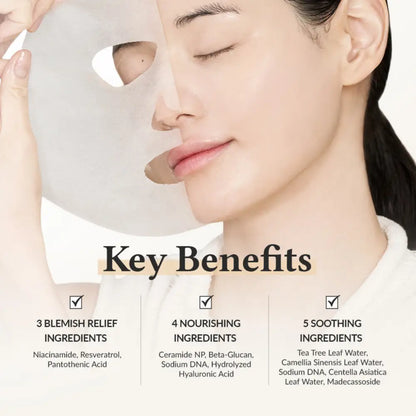 A translucent thin relief cream mask sheet with eye and nose cutouts for soothing skin treatment