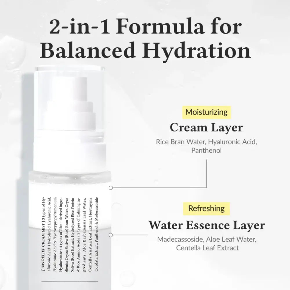 Clear glass relief cream mist 345 with white pump and 2-in-1 hydrating formula for moisture barrier 100ml bottle