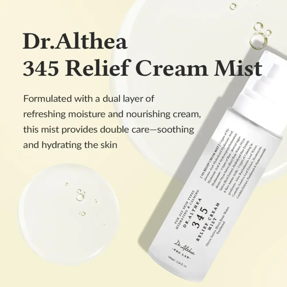 White cylindrical bottle of dr 345 relief cream mist 100ml designed to support moisture barrier and soothe skin