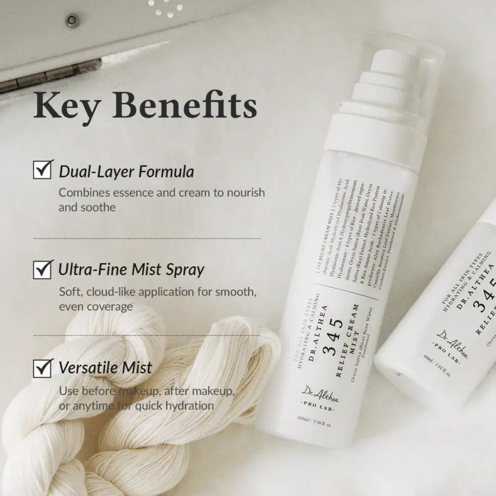 White cylindrical relief cream mist 100ml bottle with clear pump dispenser for moisture barrier care by dr
