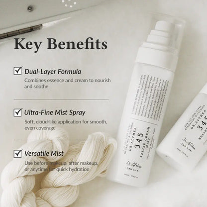 White cylindrical relief cream mist 100ml bottle with clear pump dispenser for moisture barrier care by dr