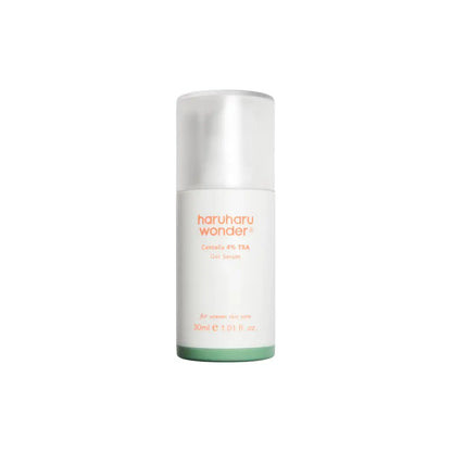 A sleek white cylindrical bottle with translucent cap and green base labeled haruharu wonder canteña 4% tka gel serum for authentic k-beauty korean skincare south africa
