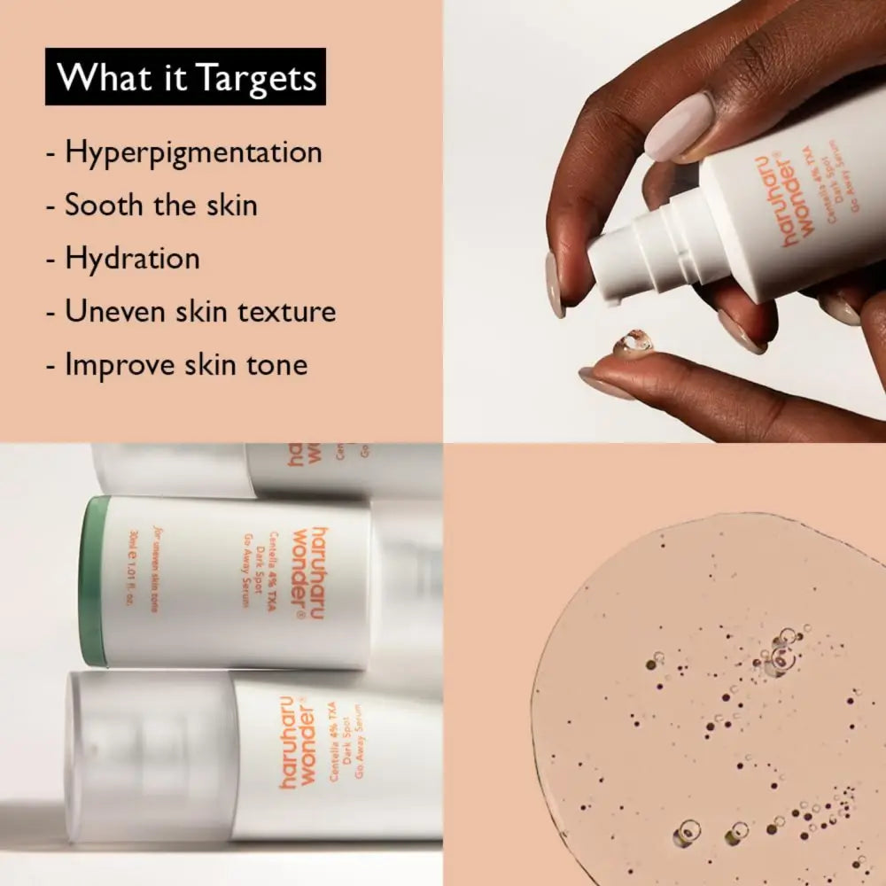 White cylindrical bottle with orange branding and pump dispenser labeled haruharu wonder 4% TXA gel serum unscented 30ml authentic k-beauty