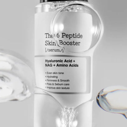 Clear glass bottle with minimalist white label black text for 6 peptide skin booster serum with hyaluronic acid authentic k-beauty