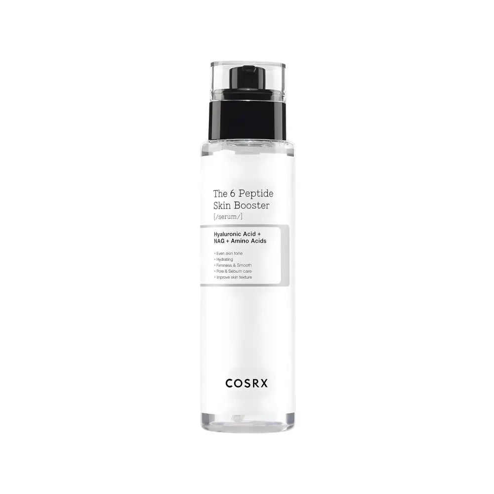 Clear glass bottle with black pump containing cosrx 6 peptide skin booster serum for authentic k-beauty skin care