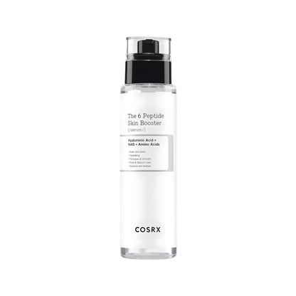 Clear glass bottle with black pump containing cosrx 6 peptide skin booster serum for authentic k-beauty skin care