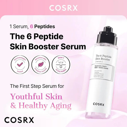 Clear glass bottle with black pump of cosrx 6 peptide skin booster serum for authentic korean skincare south africa