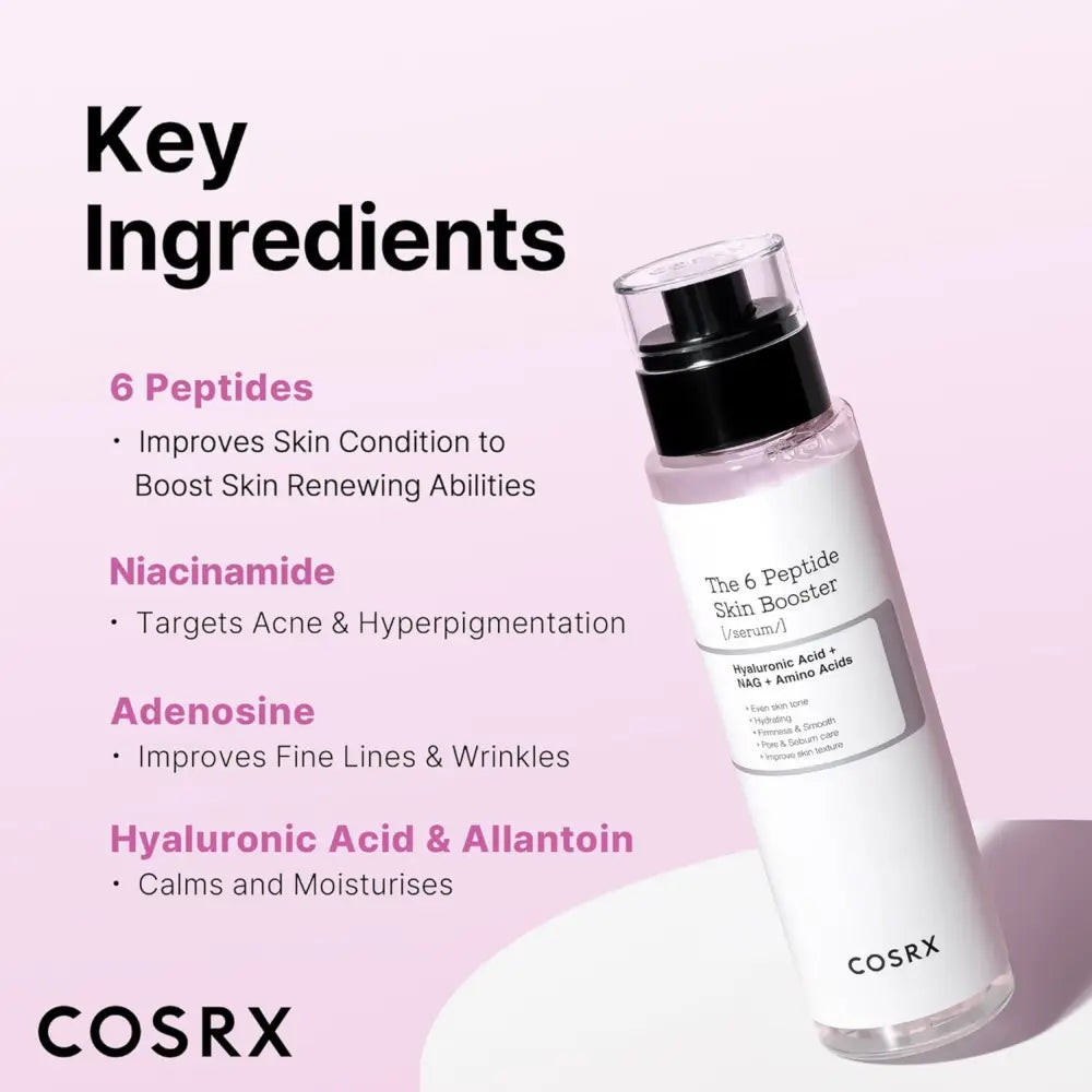 Clear glass bottle with black pump dispenser and white label of cosrx 6 peptide skin booster serum for authentic k-beauty skin care