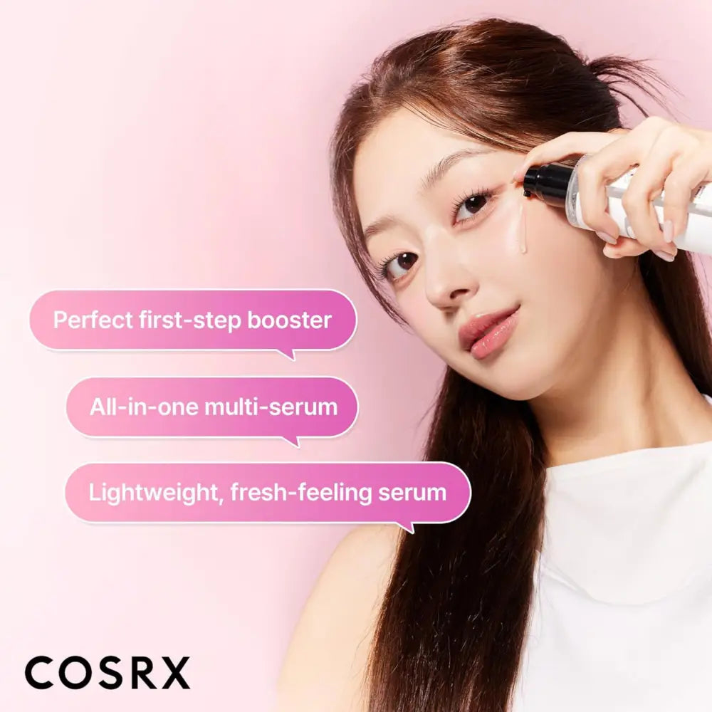 A sleek transparent glass bottle with a black pump containing 6 peptide skin booster serum for authentic k-beauty skin care