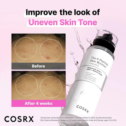 A sleek white spray bottle with a black pump labeled the 6 peptide skin booster by cosrx from authentic k-beauty korean skincare south africa