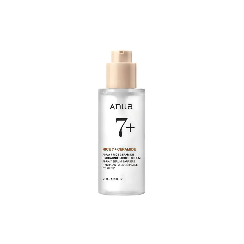 Clear glass bottle with beige pump dispenser labeled anua 7 rice ceramide hydrating barrier serum 50ml