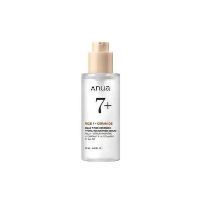 Clear glass bottle with beige pump dispenser labeled anua 7 rice ceramide hydrating barrier serum 50ml