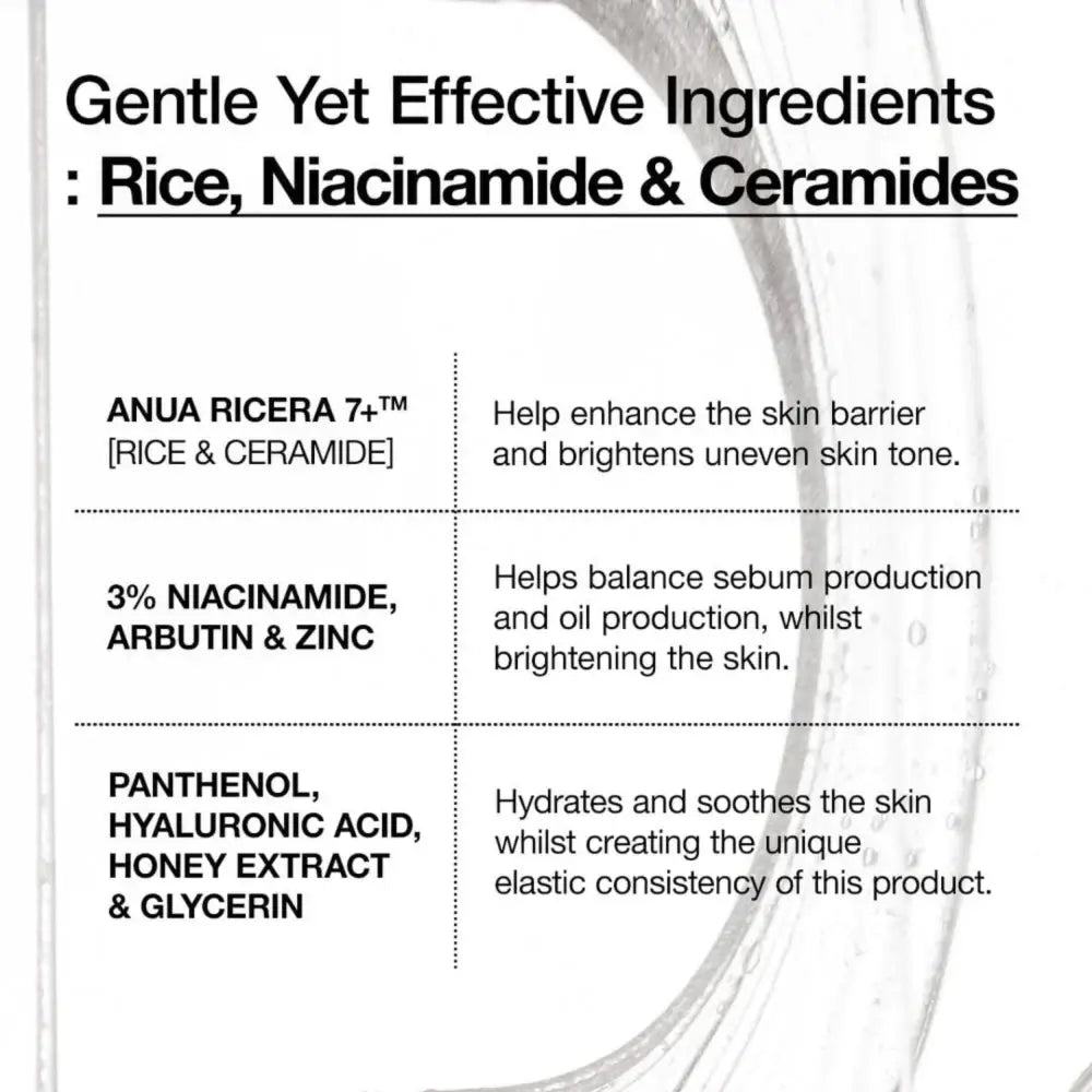 Clear glass bottle with beige pump labeled anua 7 rice ceramide hydrating barrier serum 50ml for skin hydration