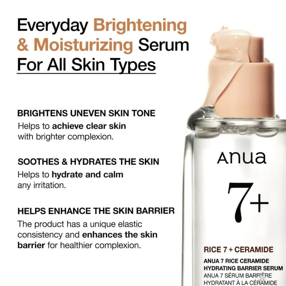 Clear glass bottle with peach pump dispenser of anua rice 7 rice ceramide hydrating barrier serum 50ml
