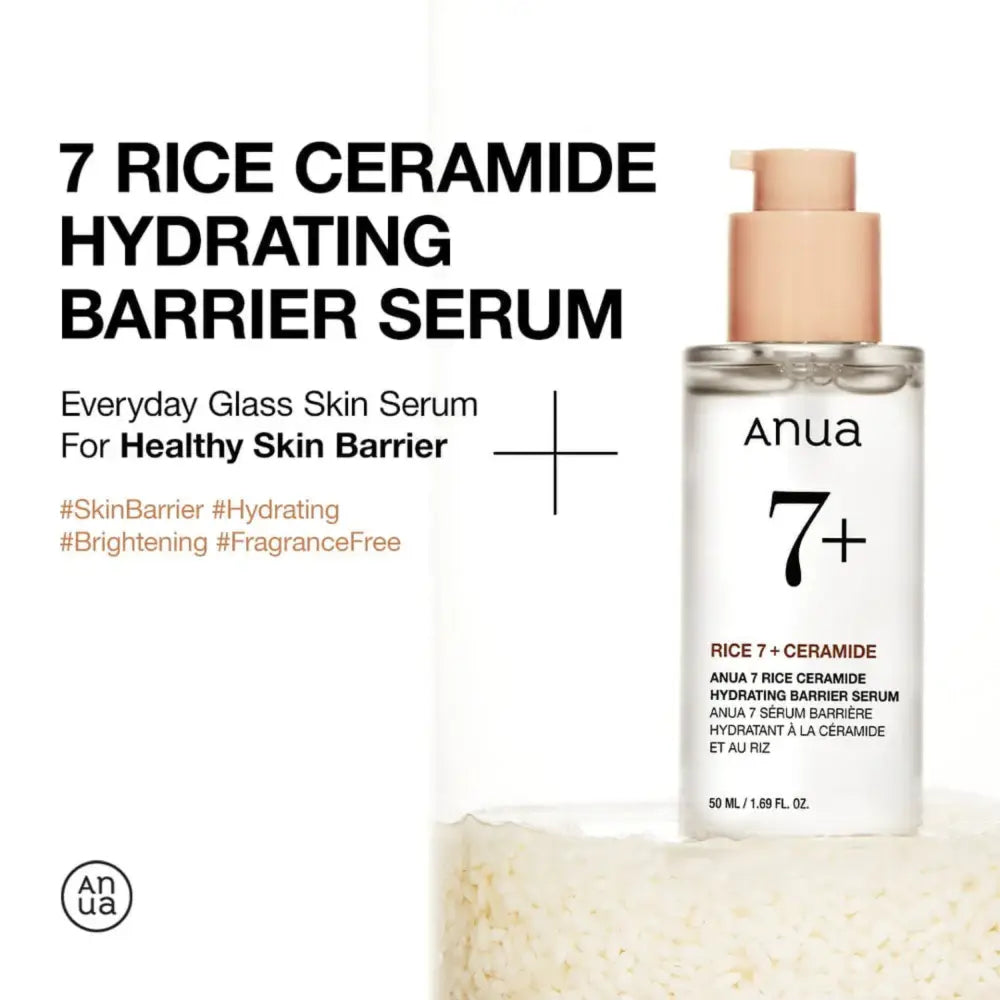 Clear glass bottle with beige pump of anua rice ceramide hydrating barrier hydrating barrier serum 50ml
