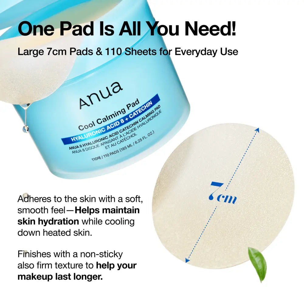 Light blue cylindrical container of anua cool calming pad with white circular pad featuring hyaluronic acid for korean skincare south africa authentic k-beauty