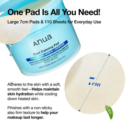 Light blue cylindrical container of anua cool calming pad with white circular pad featuring hyaluronic acid for korean skincare south africa authentic k-beauty