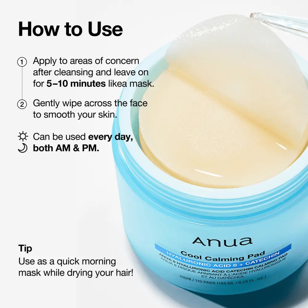 Light blue cylindrical jar of anua cool calming pad with pale yellow hyaluronic acid gel pads for authentic k-beauty korean skincare south africa