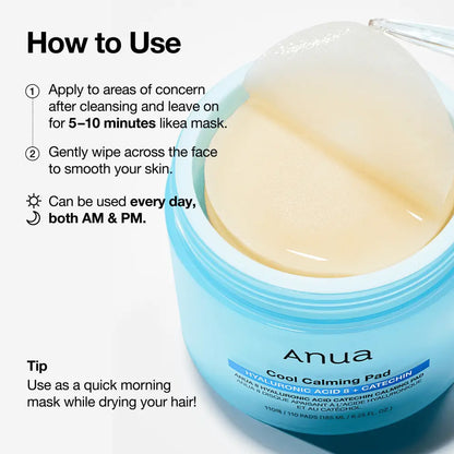 Light blue cylindrical jar of anua cool calming pad with pale yellow hyaluronic acid gel pads for authentic k-beauty korean skincare south africa
