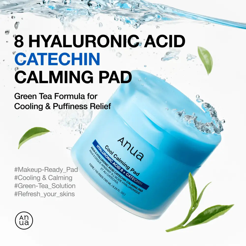 A translucent blue cylindrical container of anua 8 hyaluronic acid catechin calming pad with white branding for authentic k-beauty and korean skincare south africa