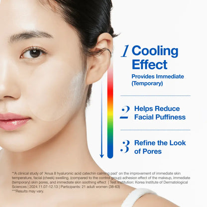 A translucent gel-like 8 hyaluronic acid catechin calming pad applied to the cheek for authentic k-beauty soothing