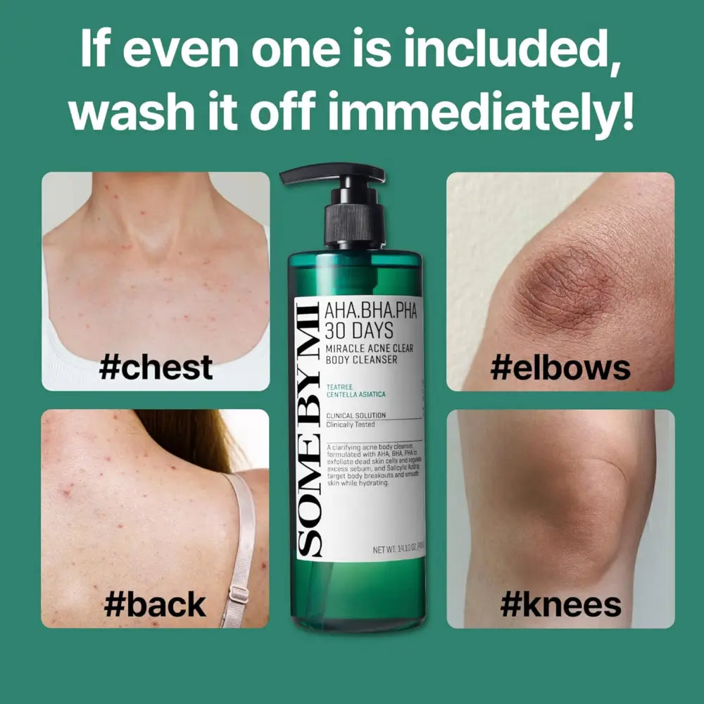 A green glass bottle with a black pump labeled some by mi aha bha pha 30 days miracle acne body cleanser
