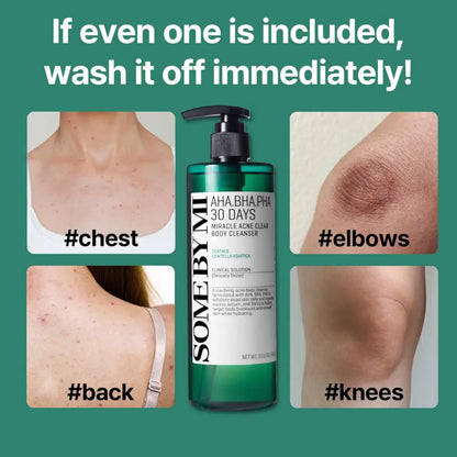 A green glass bottle with a black pump labeled some by mi aha bha pha 30 days miracle acne body cleanser