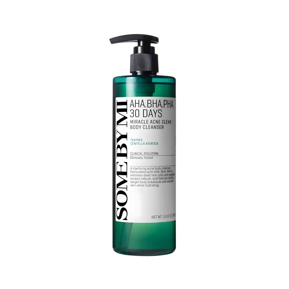 A sleek translucent green bottle of some by mi aha bha pha 30 days miracle acne clear body cleanser with black pump