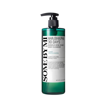 A sleek translucent green bottle of some by mi aha bha pha 30 days miracle acne clear body cleanser with black pump