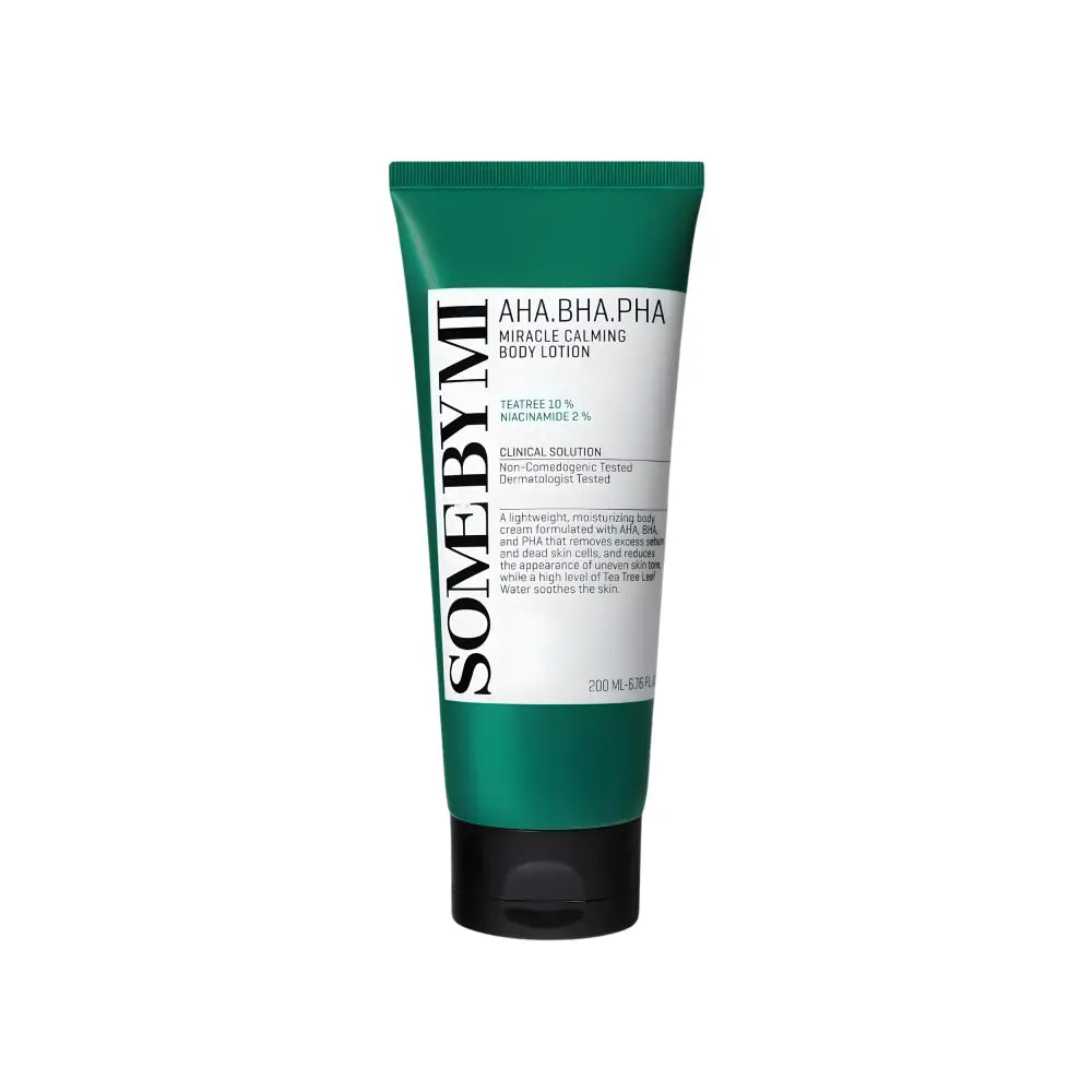 Green tube of some by mi aha bha pha miracle calming body lotion with black cap and white label for soothing skin
