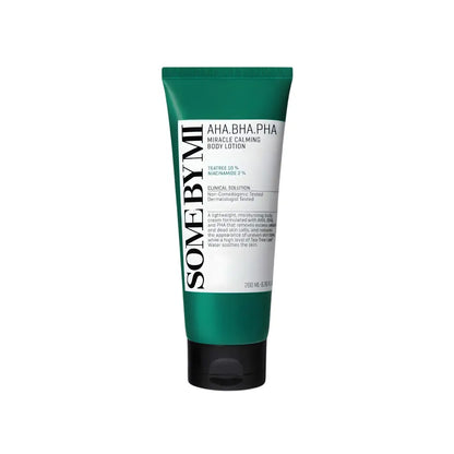 Green tube of some by mi aha bha pha miracle calming body lotion with black cap and white label for soothing skin