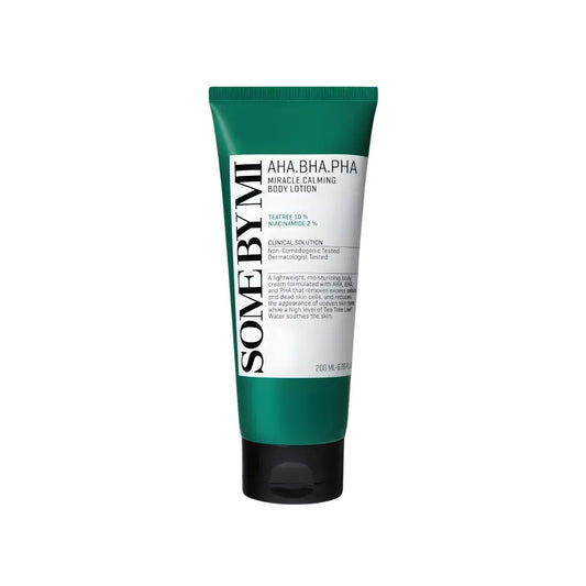 Green tube of some by mi aha bha pha miracle calming body lotion with black cap white label for soothing skin