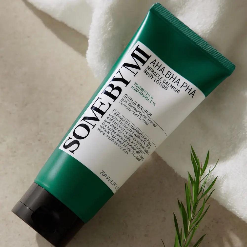 Green tube of Sonebym AHA BHA PHA miracle calming body lotion with white label featuring black text for soothing skin