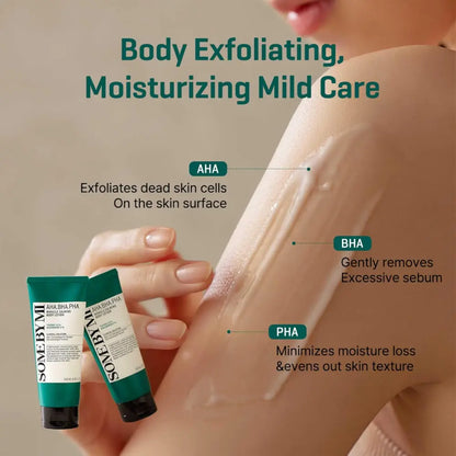 Green and white tube of by some mi aha bha pha miracle calming body lotion for soothing and exfoliating skin care