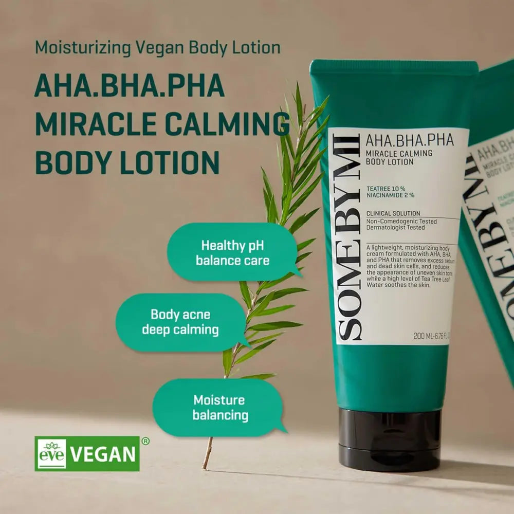 Teal tube of some by mi aha bha pha miracle calming body lotion with black cap and vegan dermatologist tested formula
