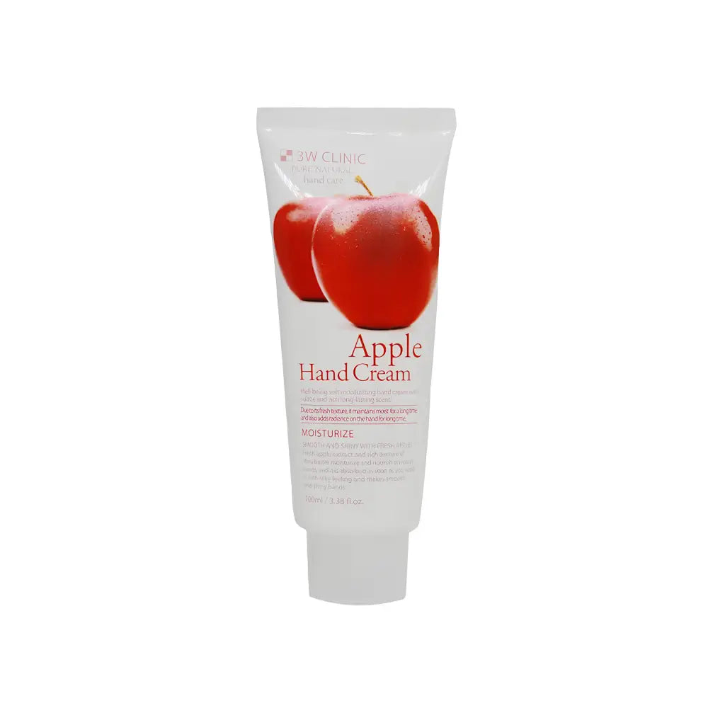 White tube of 3w clinic apple hand cream 100ml with vibrant red apple graphic and pink text for moisturizing hands