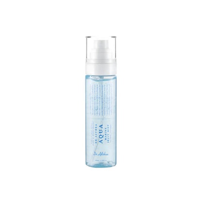 Clear glass bottle with white spray nozzle containing light blue vegan pdrn aqua marine jelly mist 100ml by dr