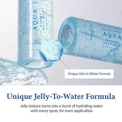 Clear blue-tinted aqua marine jelly mist 100ml bottle showcasing vegan pdrn formula for hydrating skincare use