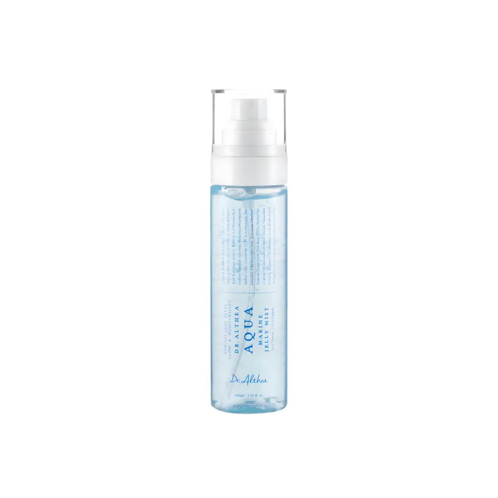 Clear glass bottle with white spray nozzle containing light blue vegan pdrn aqua marine jelly mist 100ml by dr