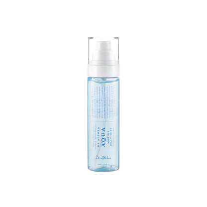 Clear glass bottle with white spray nozzle containing light blue vegan pdrn aqua marine jelly mist 100ml by dr