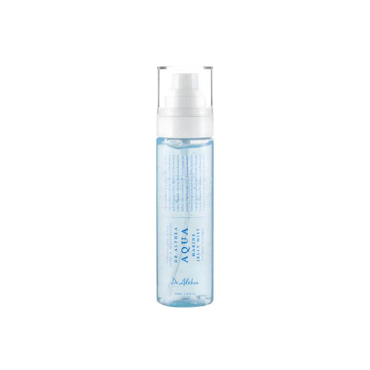 Clear glass bottle with white spray nozzle containing light blue vegan pdrn aqua marine jelly mist 100ml by dr