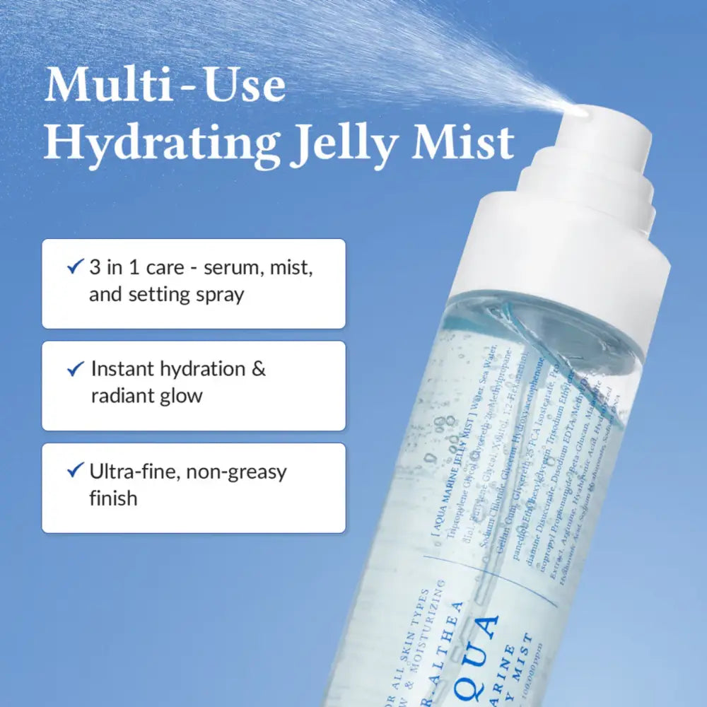 Clear glass bottle with white spray nozzle containing transparent aqua marine jelly vegan pdrn marine jelly mist 100ml