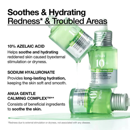 Green glass bottles of azelaic acid serum with silver caps and white labels for redness soothing blemish-prone skin