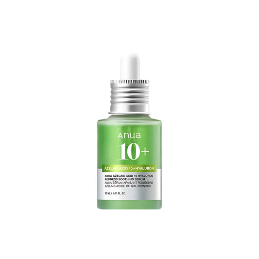 A sleek green glass bottle of Anua azelaic acid serum with silver dropper for redness soothing on blemish-prone skin