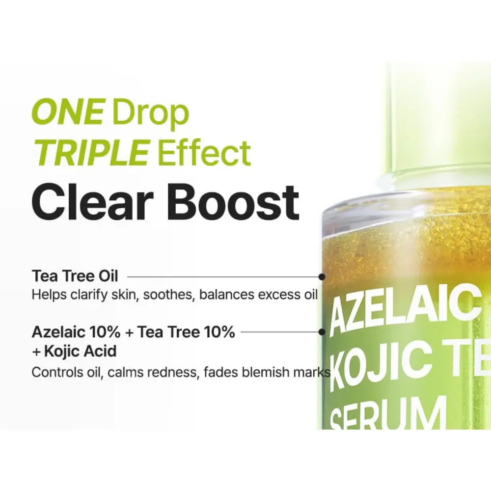 Green-tinted glass bottle of clear azelaic acid 10 kojic tea tree serum with matching green cap and white lettering