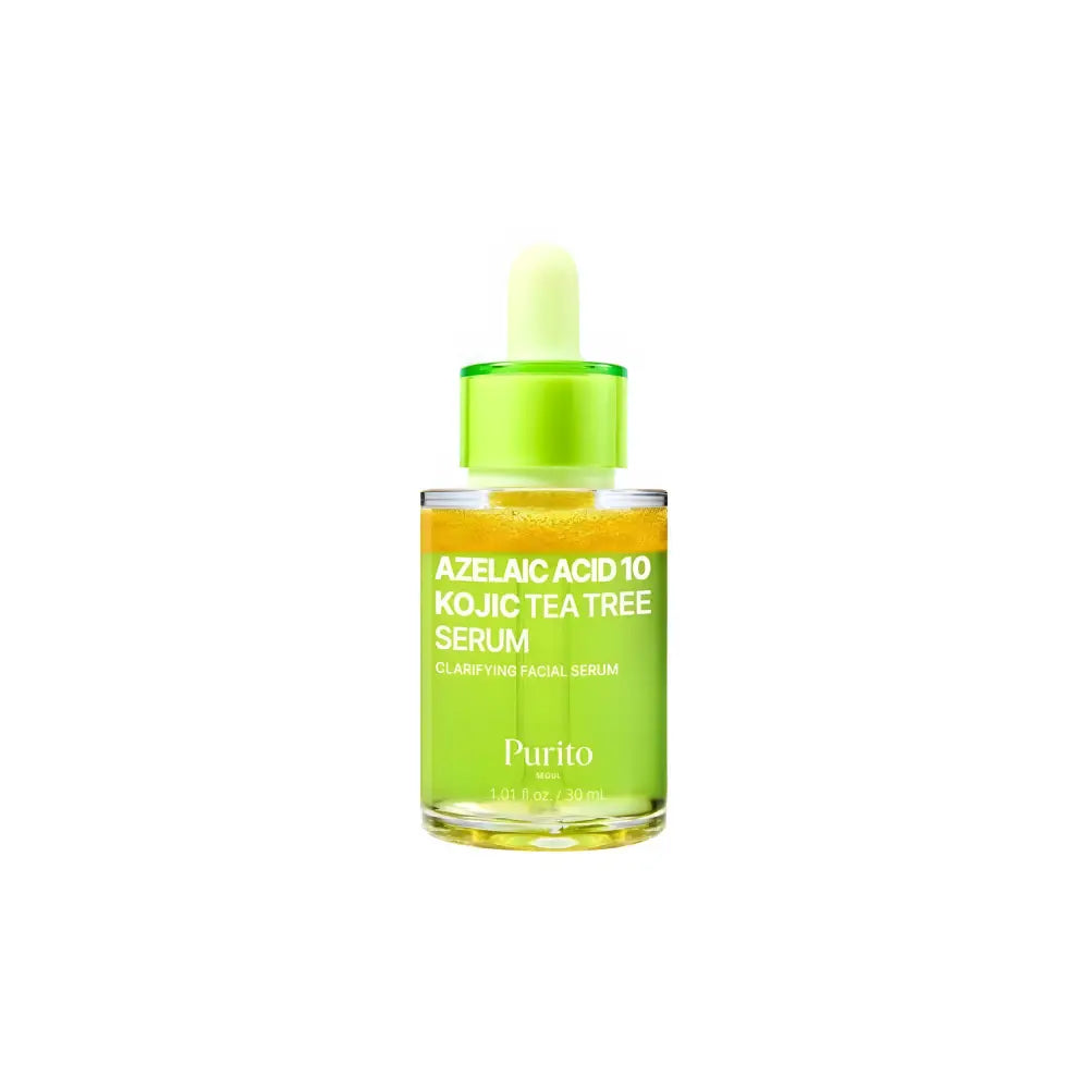 A vibrant lime green glass bottle of purito azelaic acid 10 kojic tea tree serum with matching dropper cap 30ml